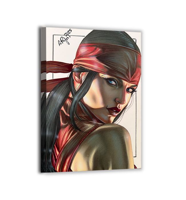 Silent Assassin Canvas — Elektra Marvel portrait by Aurelio Rigoni; gallery-wrapped, ready to hang.
