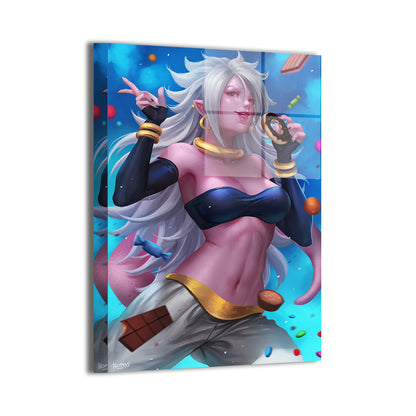  24x36 gloss metal print of Android 21 glowing with energy and fierce attitude in Majin form

