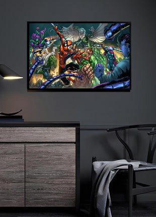 Sixfold Menace wall art featuring Spider-Man vs the Sinister Six — room display mockup