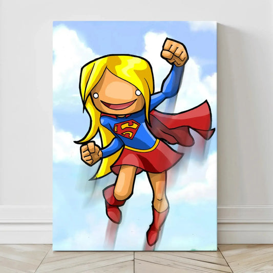 Canvas print of cartoon Supergirl flying in chibi style with red cape and blonde hair