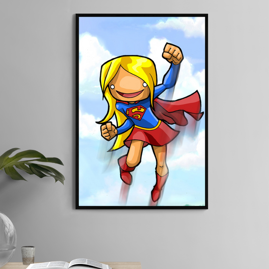 11x17 poster of flying chibi Supergirl with happy expression and windswept cape

