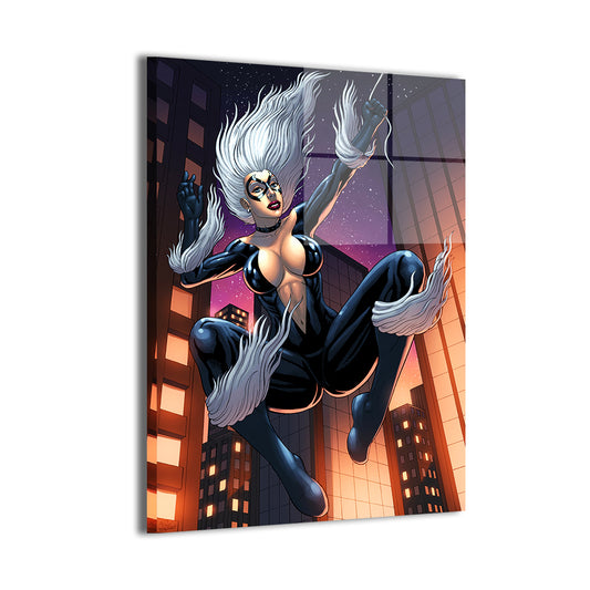 Metal—sleek metallic finish on mid-air city leap; highlights and reflections emphasized.