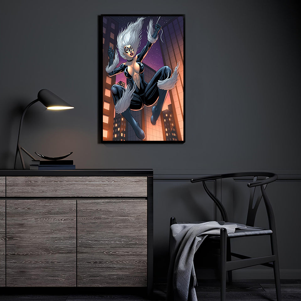 Silver-haired cat burglar leaping between skyscrapers at night; art by Keith Curtis, colors by Nestor Redulla Jr.