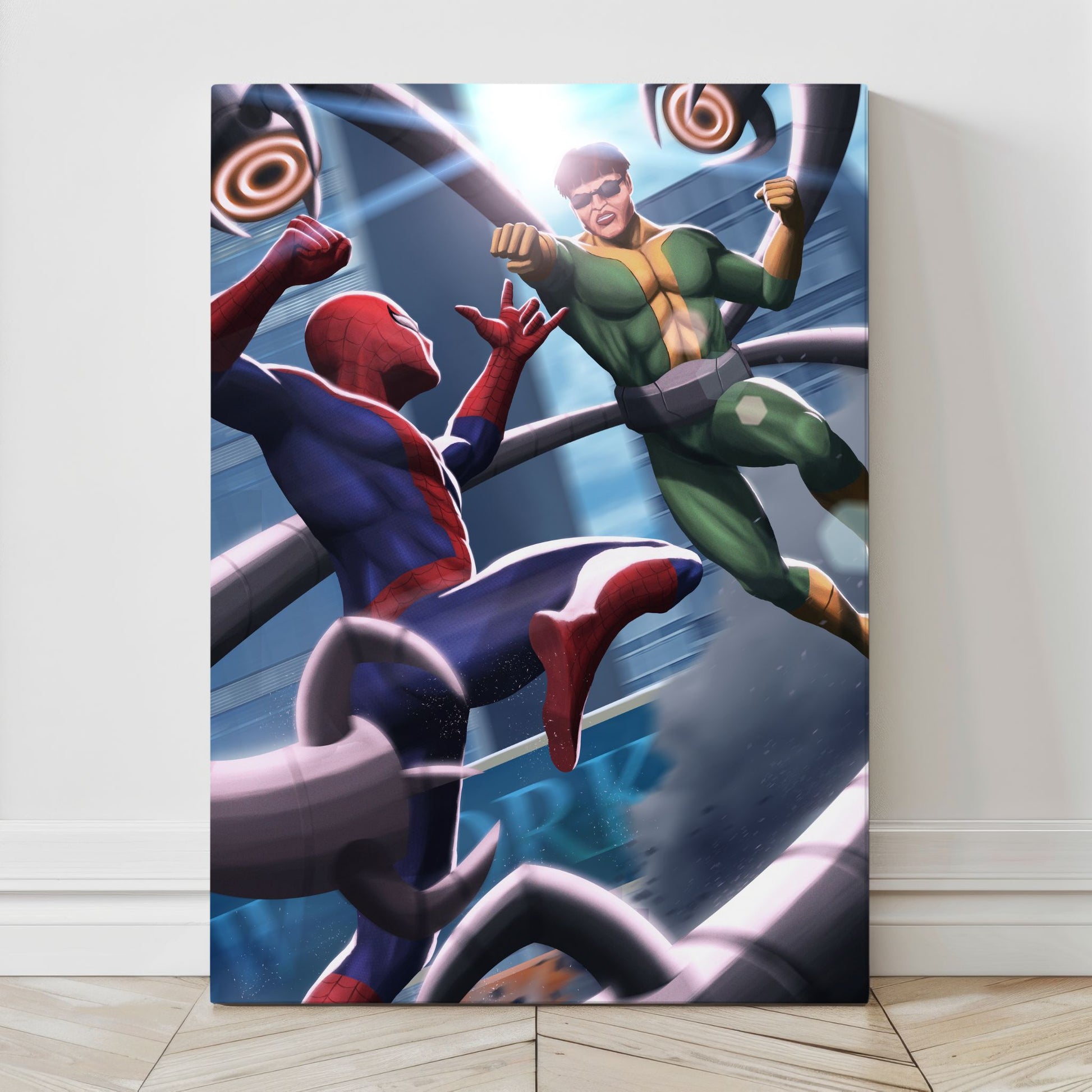 Canvas — dynamic city battle of Spider-Man and Doc Ock; vivid action lighting, artwork by Ben Asher.