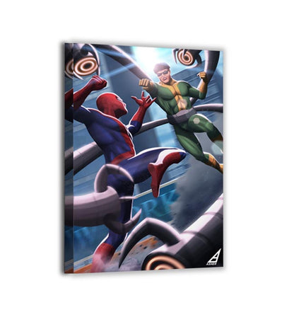 Canvas — dynamic city battle of Spider-Man and Doc Ock; vivid action lighting, artwork by Ben Asher.