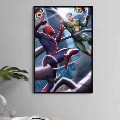 Poster — Spider-Man vs Doctor Octopus mid-air fight with robotic arms sweeping the scene; art by Ben Asher.