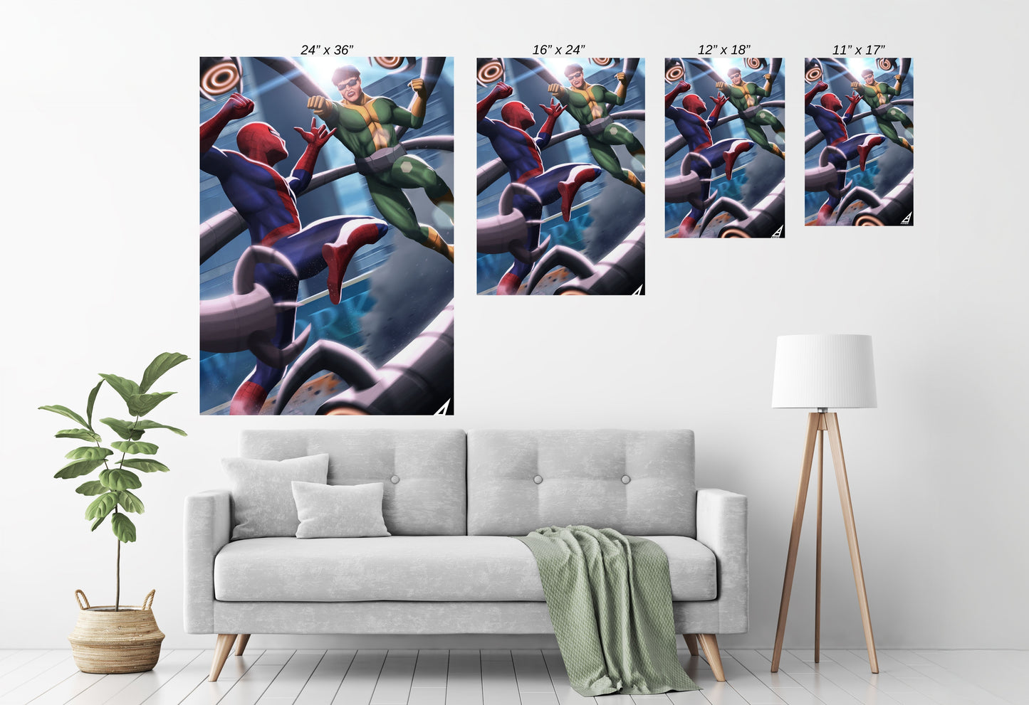 Room mockup — framed Spider-Man vs Doctor Octopus piece as a bold centerpiece in a modern space.