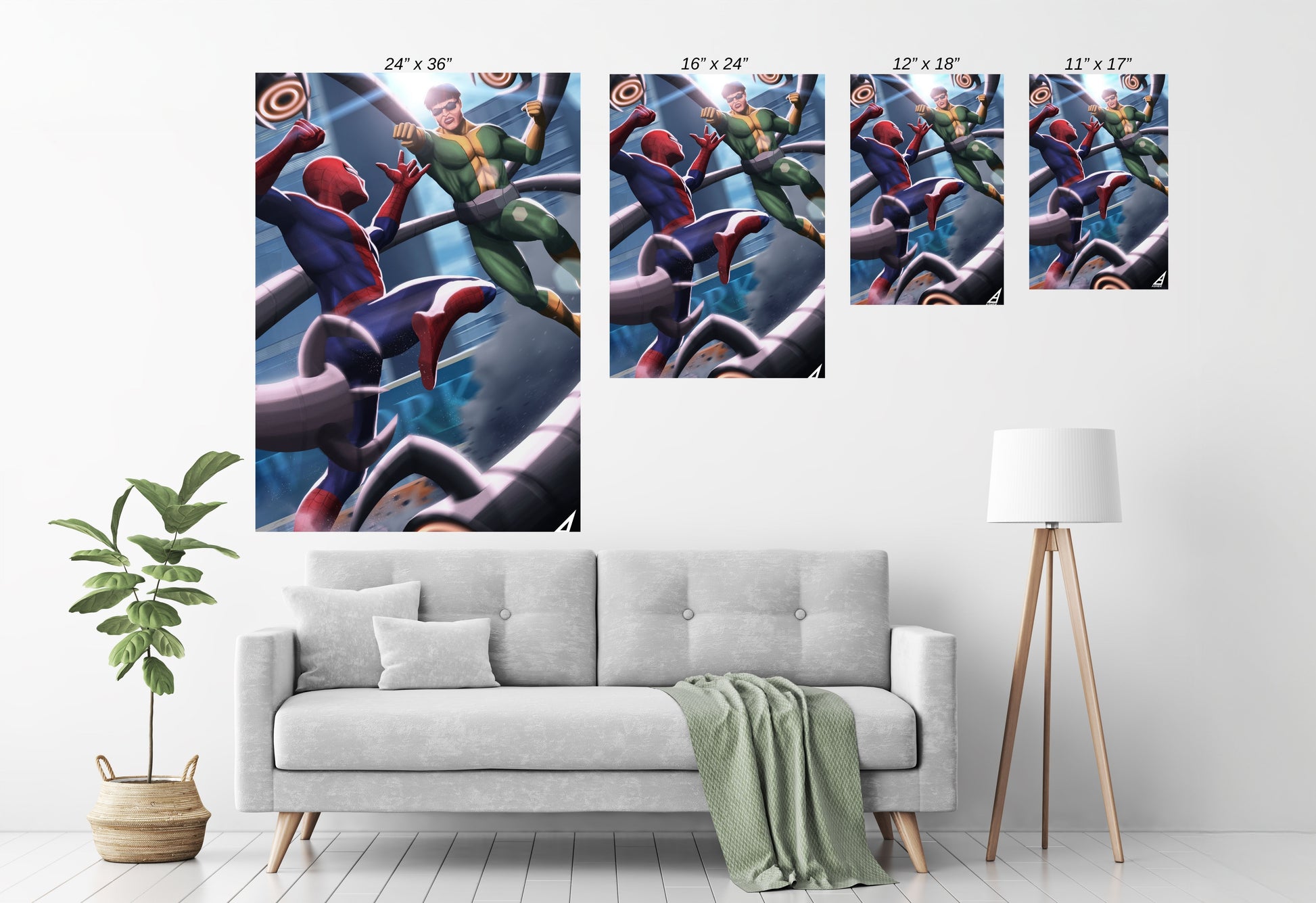 Room mockup — framed Spider-Man vs Doctor Octopus piece as a bold centerpiece in a modern space.