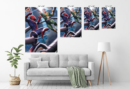 Room mockup — framed Spider-Man vs Doctor Octopus piece as a bold centerpiece in a modern space.
