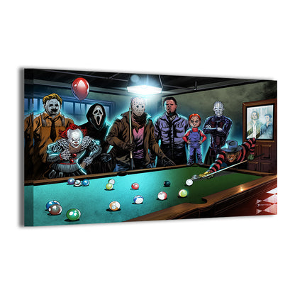  24x36 canvas showcasing Freddy, Jason, Michael, Pennywise, and Ghostface in a pool hall setting
