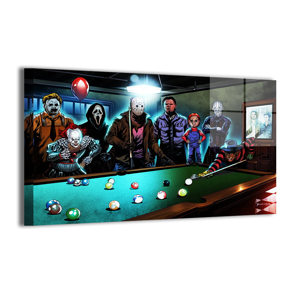 24x36 metal wall art of classic horror characters enjoying a game of billiards