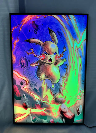  Slim frame RGB LED lightbox displaying Pikachu Pokémon artwork illuminated with bright, even lighting, ideal for gaming rooms and collector spaces, Snapping Turtle Gallery.

