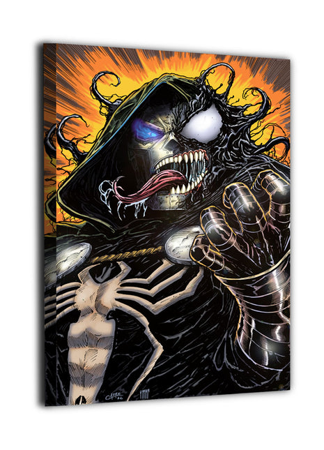 Sovereign Darkness Canvas print mockup featuring Venomized Doctor Doom, Marvel wall art.