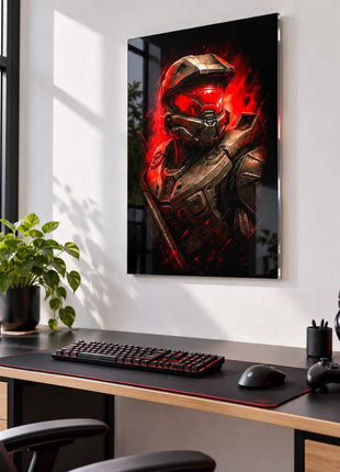 Spartan Red Alert Master Chief acrylic wall art in a bright gaming office
