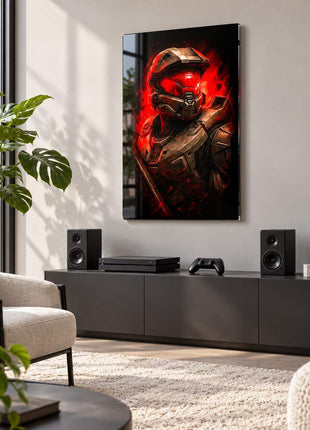 Spartan Red Alert Master Chief acrylic wall art in a modern media lounge