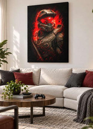 Spartan Red Alert Master Chief canvas wall art in a cozy gaming lounge