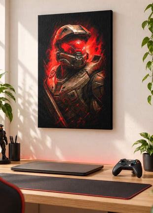 Spartan Red Alert Master Chief canvas wall art in a bright gaming room