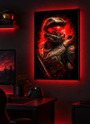 Spartan Red Alert Master Chief LED lightbox wall art glowing in a dark gaming room