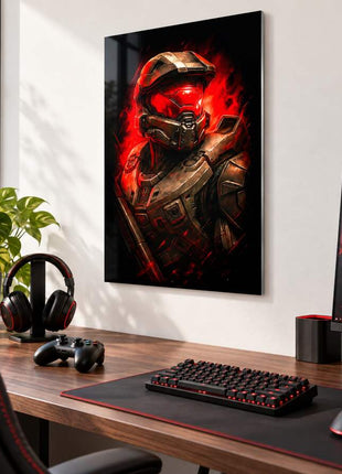 Spartan Red Alert Master Chief metal wall art above a modern gaming desk
