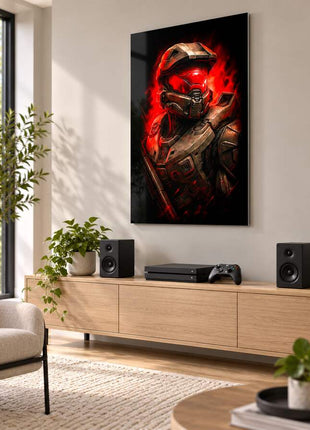 Spartan Red Alert Master Chief metal wall art in a bright media room