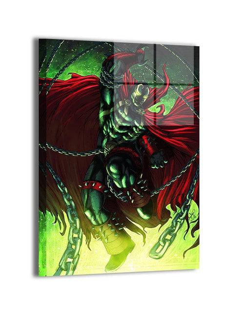 Spawn wrapped in chains with a red cape and green glow on acrylic wall art