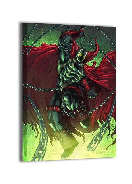 Spawn descending through chains in black armor and a sweeping red cape