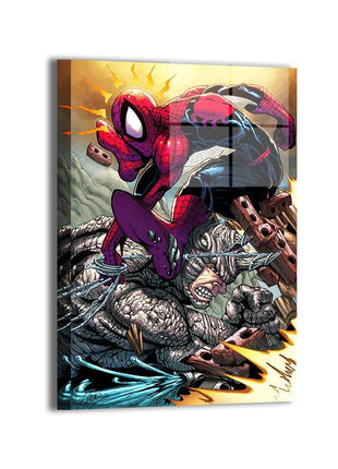 Spider-Man attacking Rhino in Web-Slam Showdown acrylic wall art mockup