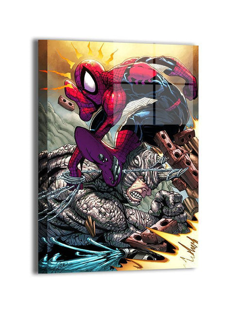 Spider-Man attacking Rhino in Web-Slam Showdown acrylic wall art mockup