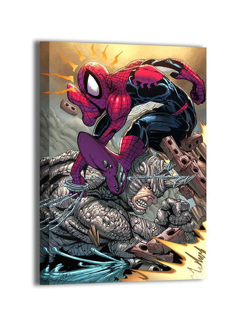Spider-Man battling Rhino amid shattered brick, webbing, and debris