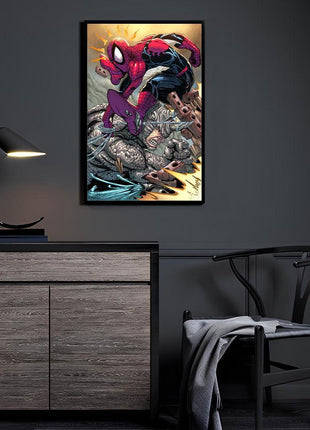 Spider-Man vs Rhino Marvel wall art displayed in a modern dark room