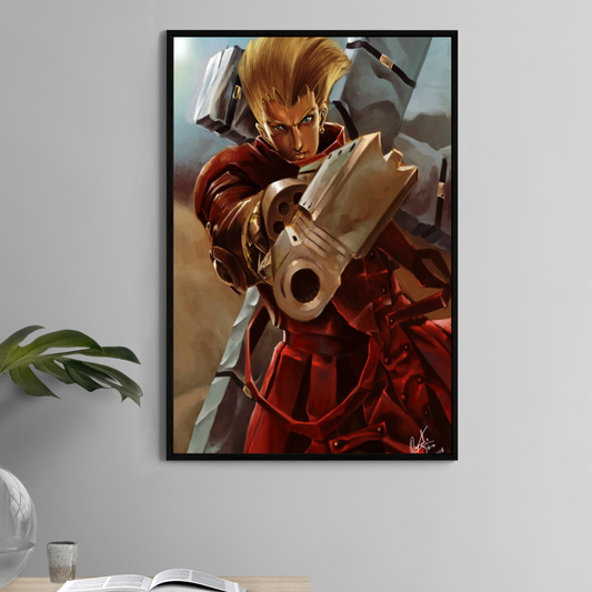 11x17 Vash the Stampede Trigun art print – red trench coat and revolver pose