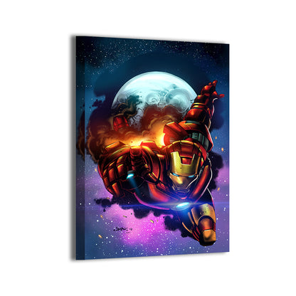  24x36 canvas of red metal suit hero soaring in galaxy backdrop