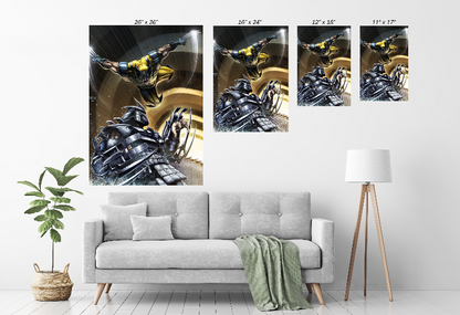 canvas of Wolverine attacking Shredder by Ryan Pasibe