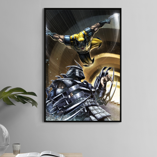 11x17 art print of Wolverine lunging at Shredder by Ryan Pasibe