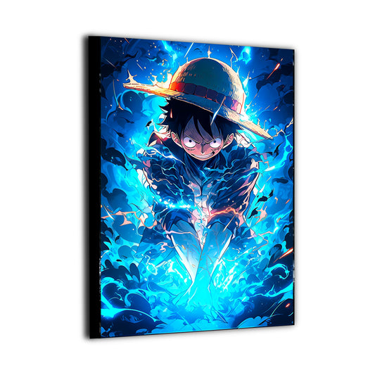 High-quality canvas wall art showcasing a pirate figure channeling storm energy through a glowing fist, intense blue lighting, and dynamic anime-style action.