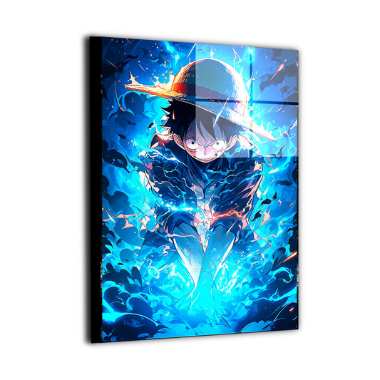 Metal wall art featuring a lightning-charged pirate-themed anime illustration, explosive energy effects, sharp contrast, and cinematic storm visuals.