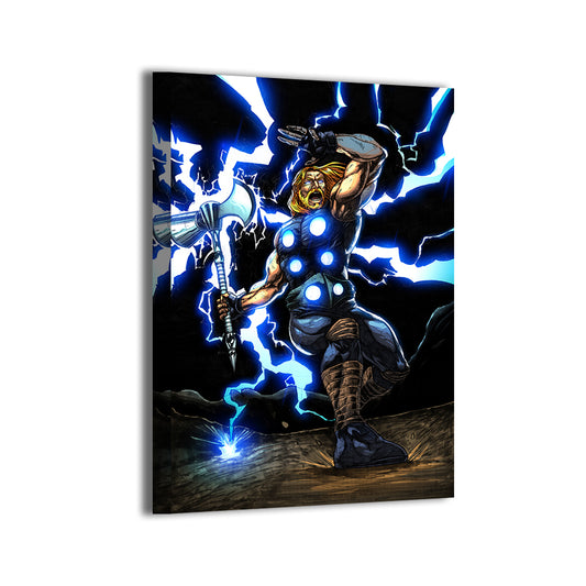 Ultimate Thor canvas wall art, Stormbreaker raised amid lightning – 24x36