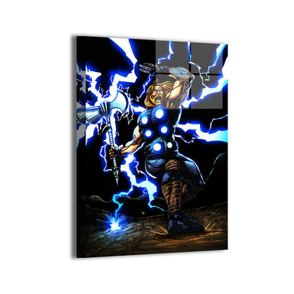 Ultimate Thor metal print, Stormbreaker raised amid blue lightning – 24x36