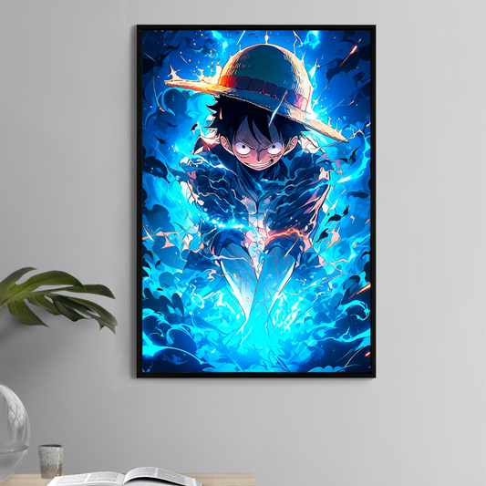 Luffy anime print 11x17 with glowing blue energy effect – Snapping Turtle Gallery