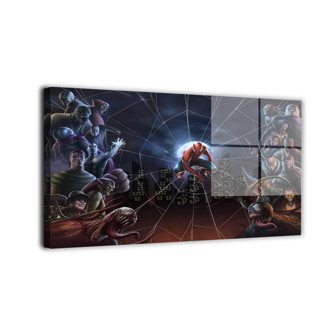 Epic spider-themed hero versus villains panoramic wall art with detailed character lineup and glowing web composition