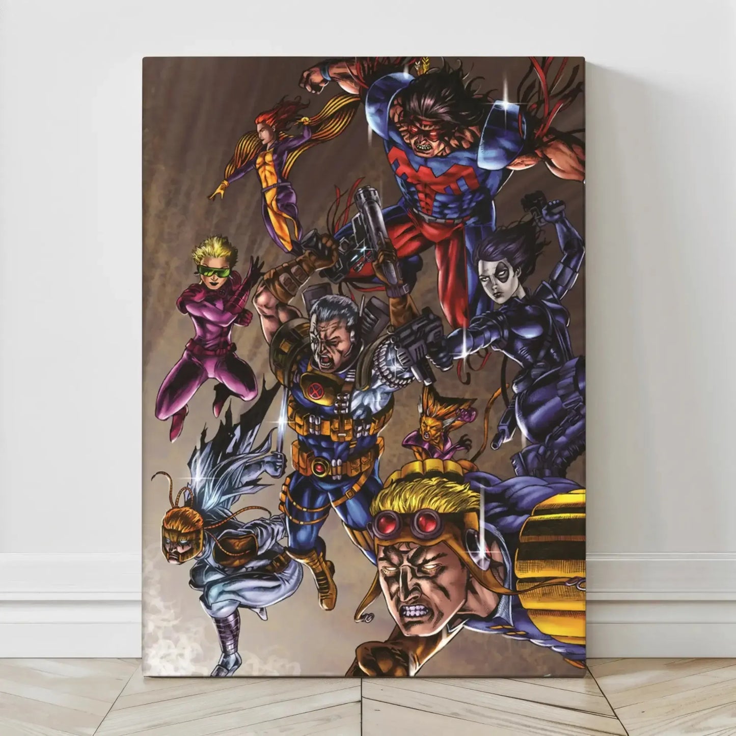 Canvas comic art of X-Force team with Cable, Domino, and others charging forward