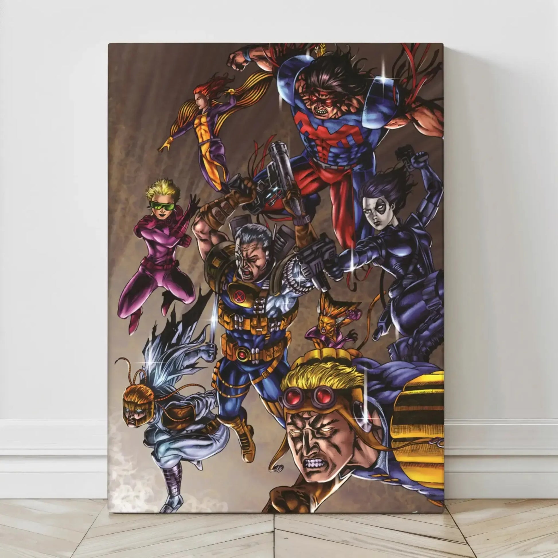 Canvas comic art of X-Force team with Cable, Domino, and others charging forward