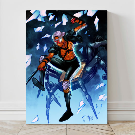 Action scene of Sun-Spider with spider legs and shattered glass, 24x36 canvas