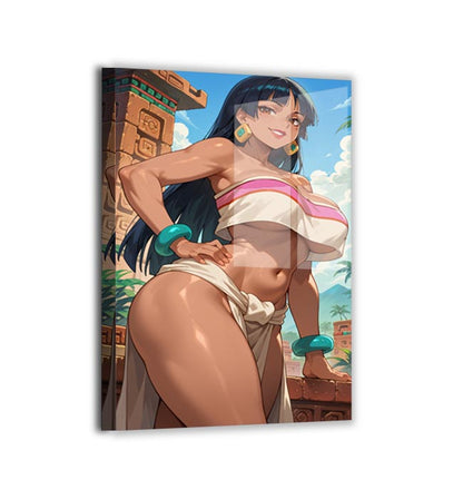 Metal — sleek finish; Chel in festival light with temple stone and blue sky; art by Glavakolhoza.