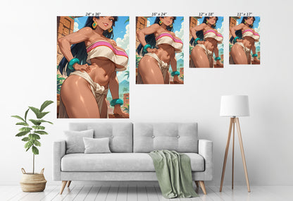 Room mockup — Sunlit Terrace Muse framed on wall, Chel centerpiece with tropical palette.