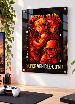Super Vehicle Assault Metal Slug acrylic wall art in a bright gaming office