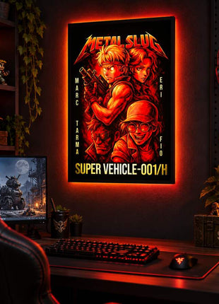 Super Vehicle Assault Metal Slug LED lightbox wall art glowing in a dark gaming room
