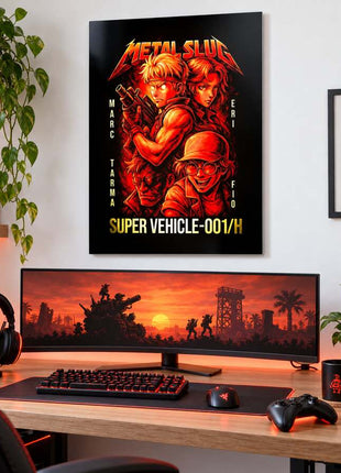 Super Vehicle Assault Metal Slug metal wall art above a modern gaming desk