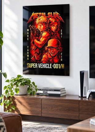 Super Vehicle Assault Metal Slug metal wall art in a bright media room