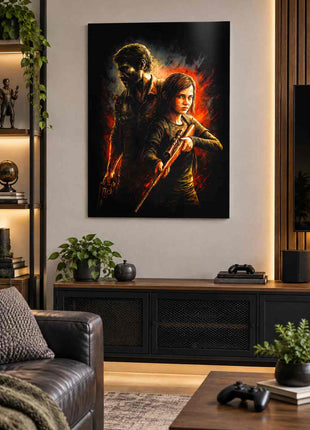 Survivors Through the Fire Joel and Ellie The Last of Us acrylic wall art displayed in a realistic gaming lounge